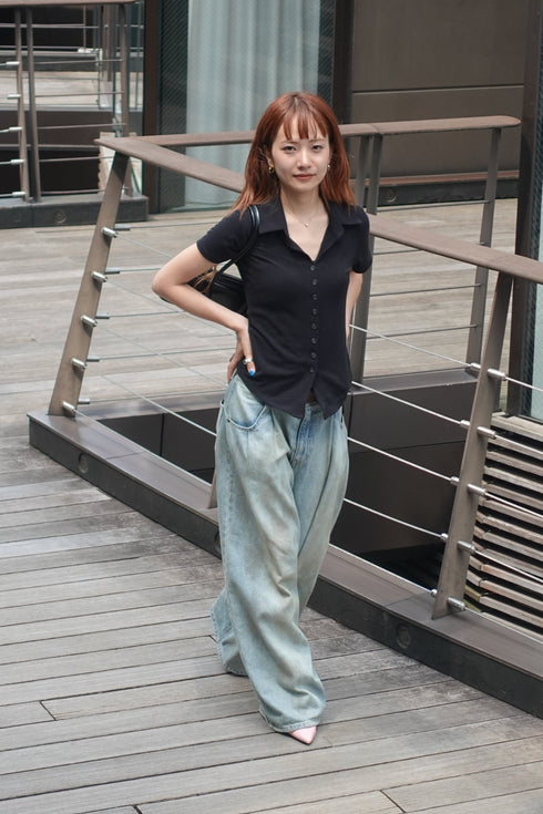 リネン混ハーフスリーブトップス